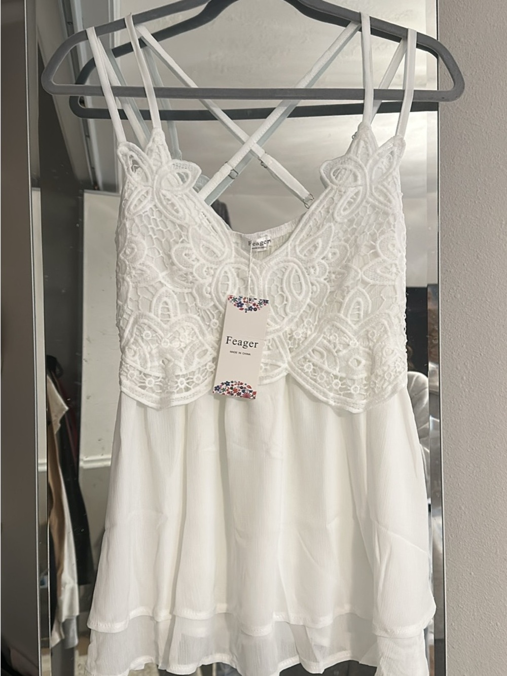 Feager White Lace & Chiffon Spaghetti Strap Tank